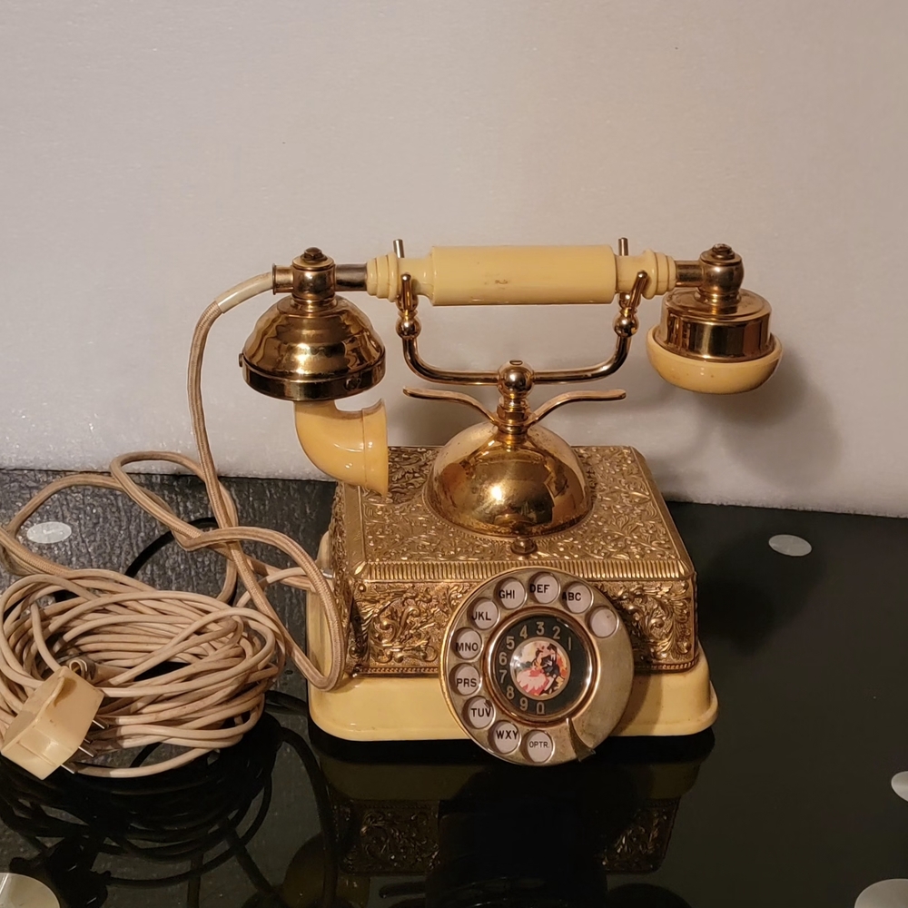 Vintage 1970s French  Continental Gold and Cream Rotary Telephone